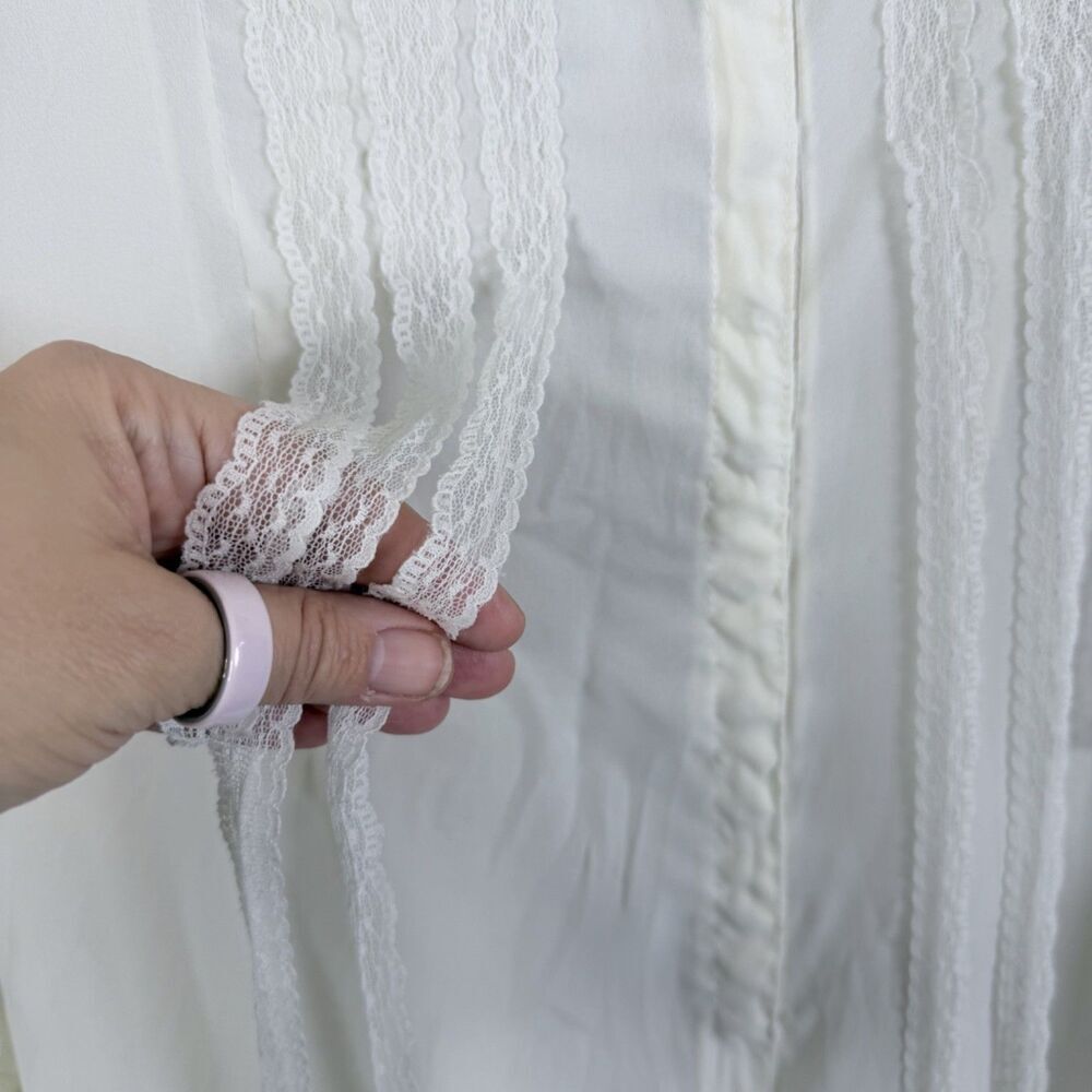 cream sheer lace women's blouse hidden snap front victorian edwardian poet top - Picture 9 of 11